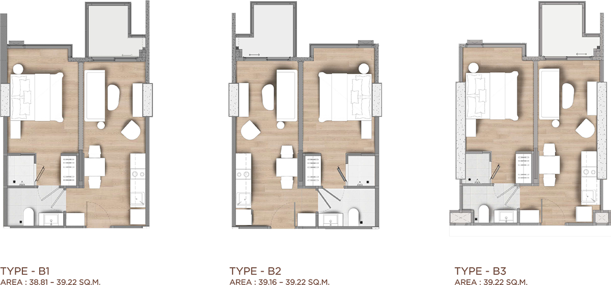 Floor plans for B1, B2, B3 units at Arom Jomtien Pattaya